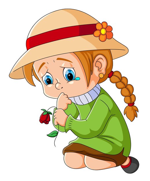 the little girl is feeling so sad and worried because of flowers wither
