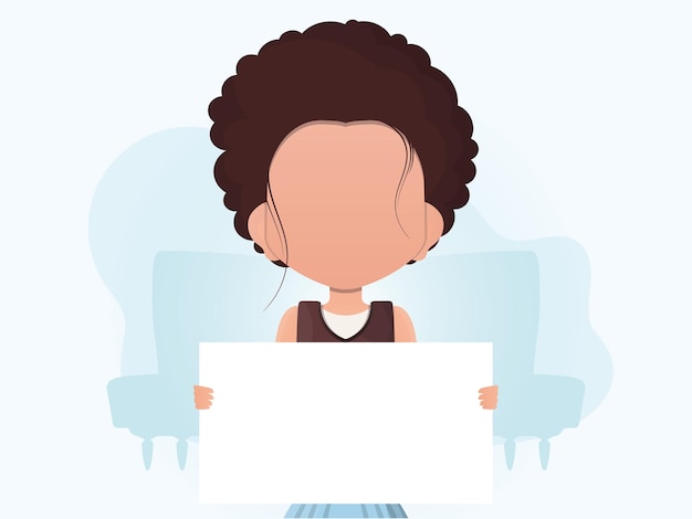 A little girl is holding a blank sheet in her hands Place for announcement Cartoon style