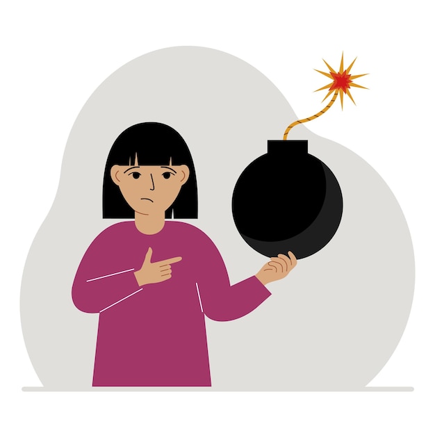 A little girl is holding a bomb with a lit fuse in his hands Concept of danger problem explosion or war