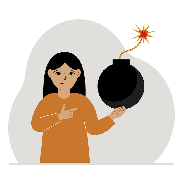 A little girl is holding a bomb with a lit fuse in his hands Concept of danger problem explosion or war