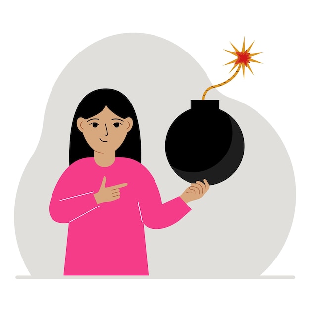 A little girl is holding a bomb with a lit fuse in his hands Concept of danger problem explosion or war