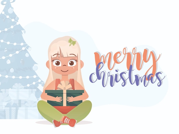 Vector a little girl is holding a gift box merry christmas postcard cartoon style