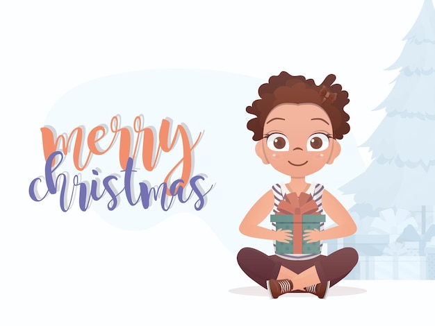 A little girl is holding a gift in her hands Merry christmas banner Cartoon style