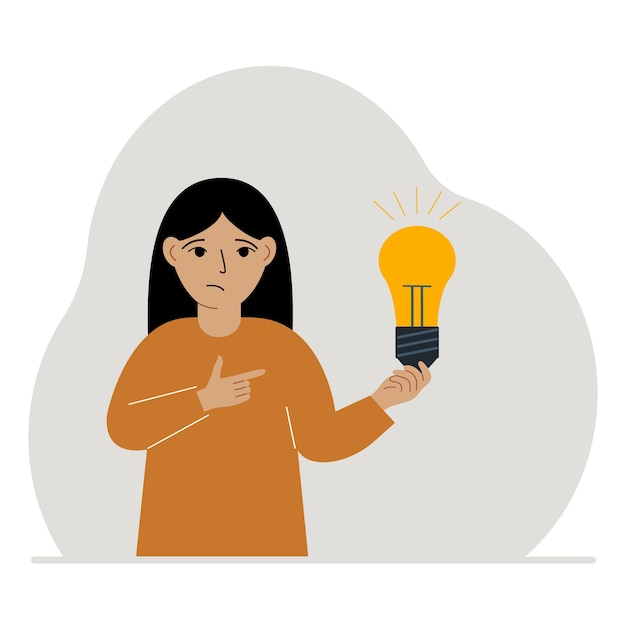 A little girl is holding a light bulb in his hand Concept of idea brainstorming thinking solution eureka bingo homework or find answer