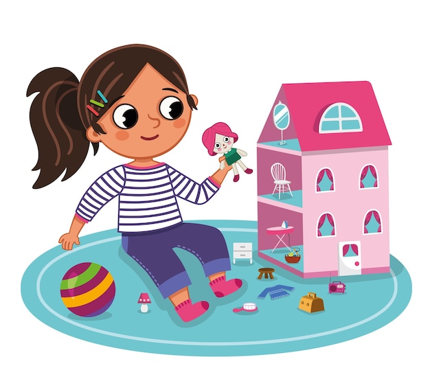 La bambina sta giocando con la sua casa delle bambole. illustrazione vettoriale.