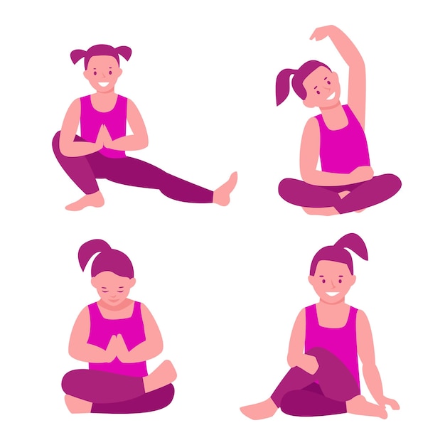 Little girl is practicing yoga. set of vector illustrations with different yoga poses in flat style.