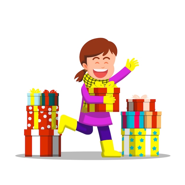 Vector little girl is very happy because she gets a lot of gifts in winter