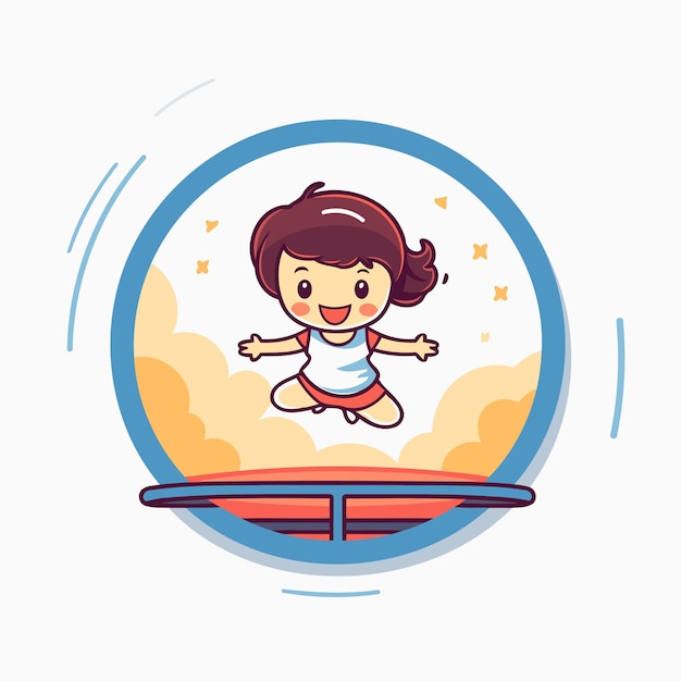 Little girl jumping on trampoline Vector illustration in cartoon style