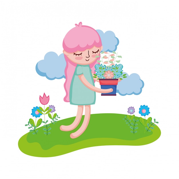 Vector little girl lifting houseplant in the landscape