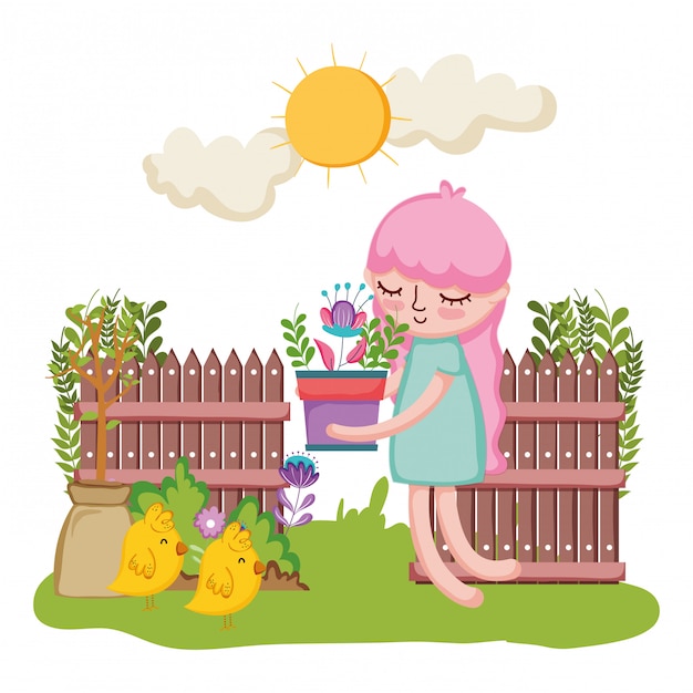 Vector little girl lifting houseplant with fence and chick