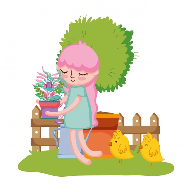 Little girl lifting houseplant with tree and chick