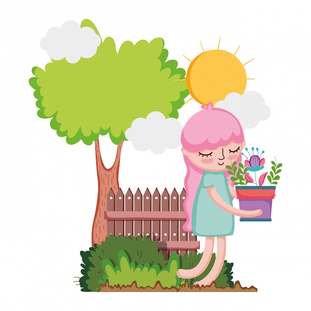 Little girl lifting houseplant with tree and fence