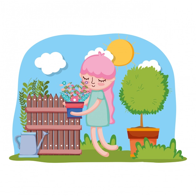 Vector little girl lifting houseplant with tree and fence