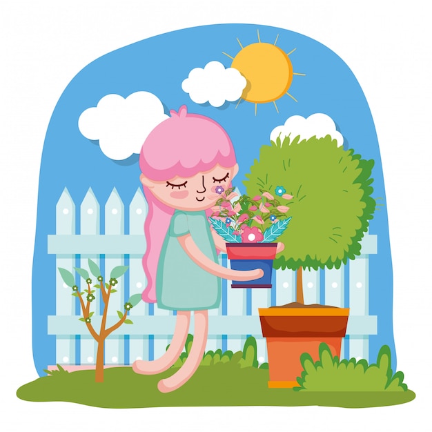 Vector little girl lifting houseplant with tree and fence