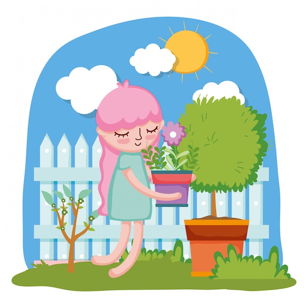 Little girl lifting houseplant with tree and fence