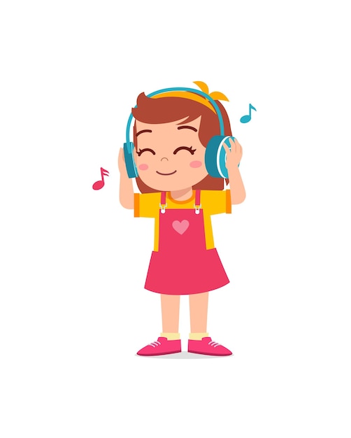 Vector little girl listening music from the smartphone