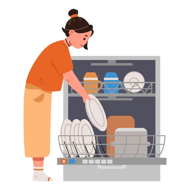 little girl loading dishwasher kid doing house chores
