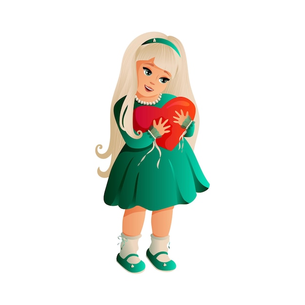 A little girl long-haired blonde in a green dress holds a heart in her hands.