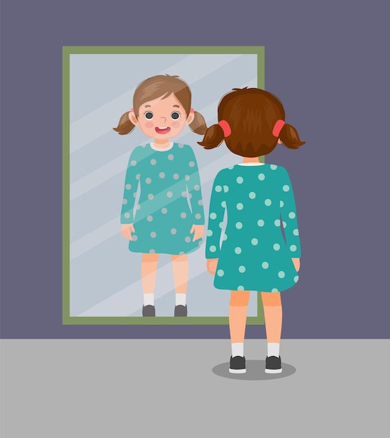 Little girl looking in the mirror vector art illustration