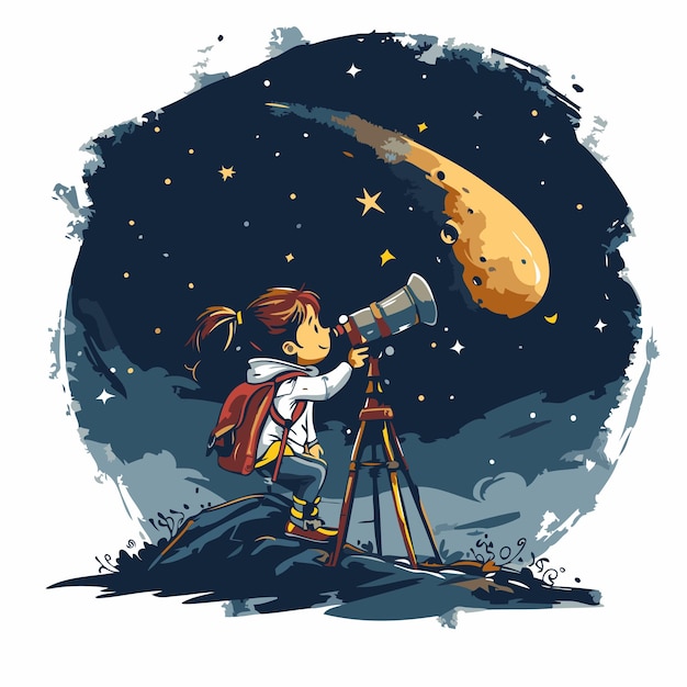 Little girl looking through a telescope in the night sky Vector illustration