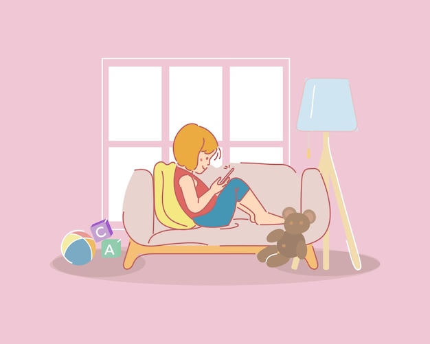 Vector little girl lying on the sofa with mobile phone the concept of kids and gadget