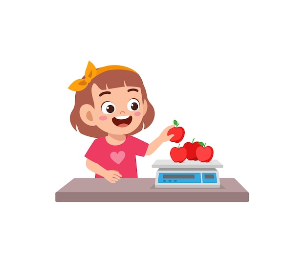 어린 소녀는 체중계를 사용하여 과일의 무게를 측정합니다.