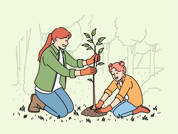 Vector little girl and mother plant tree in park helping restore nature that has suffered from forest fire