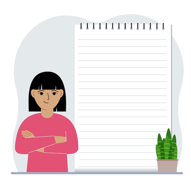 ベクトル 大きなメモ帳または大きなノートの横にある小さな女の子 メモを書くノートを埋めるという概念