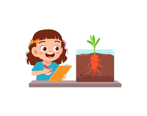 Little girl observe plant growing in garden