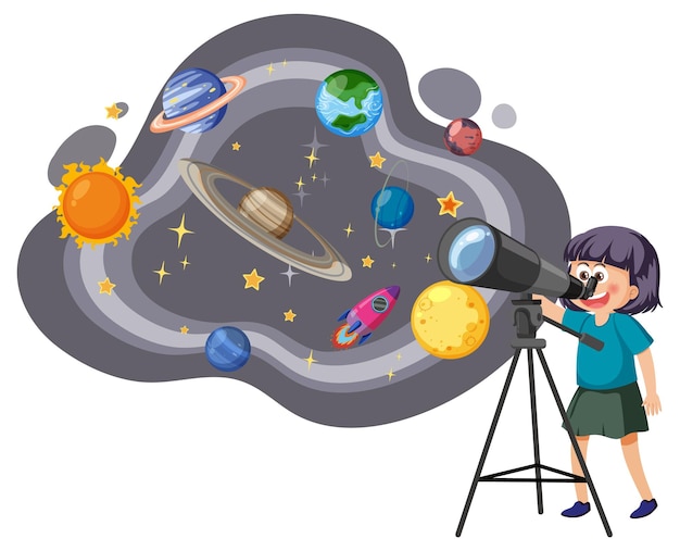 Vector little girl observing the sky with a telescope