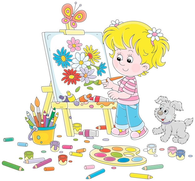 Little girl painter drawing summer flowers on her easel with a paintbrush paints and color pencils