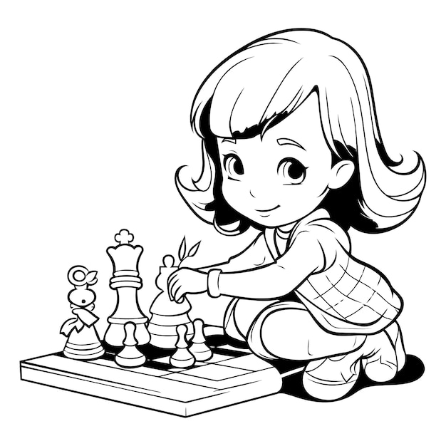 Little girl playing chess Black and white vector illustration for coloring book