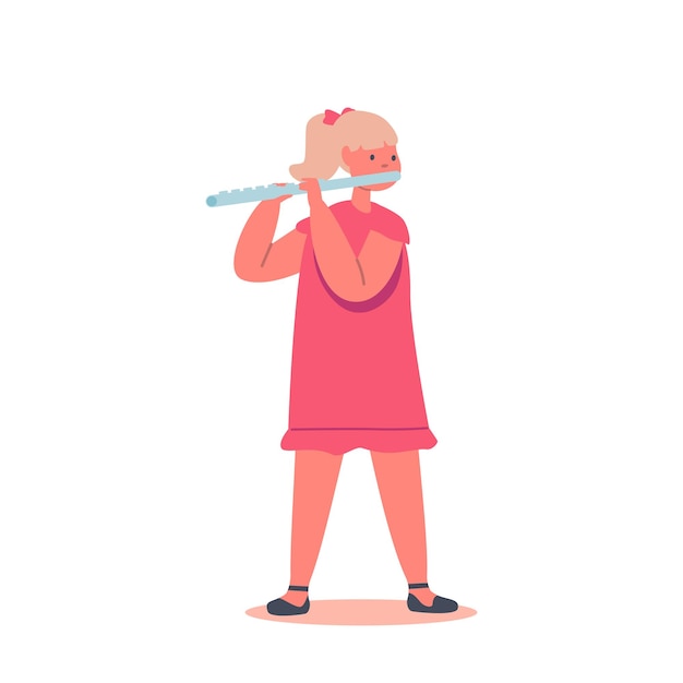 Little Girl Playing Flute Blow Musician Composition Child Character Playing Training in Music School or Performing