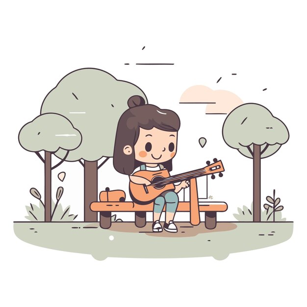 Vector little girl playing guitar in the park cute cartoon vector illustration