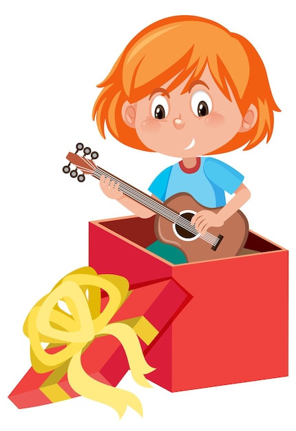 A little girl playing guitar in the present box on white backgro