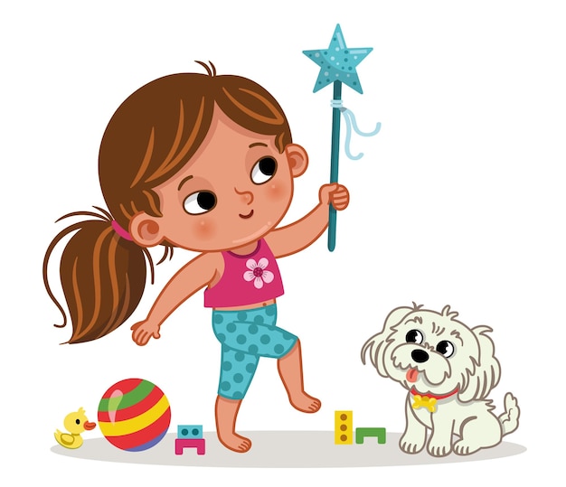 Vector little girl playing with fairy wand and her dog watching her