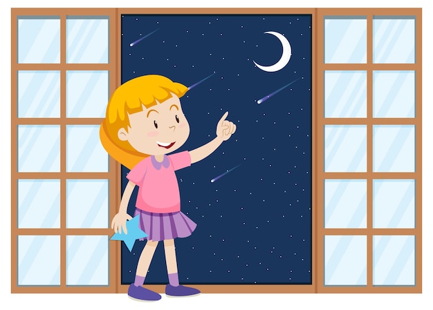 Маленькая девочка указывая пальцем на луну