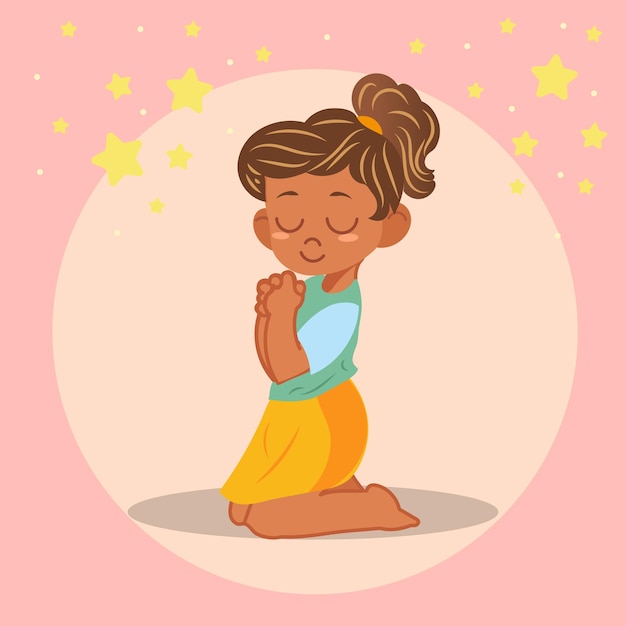 Little girl praying cartoon flat design pink background yellow stars
