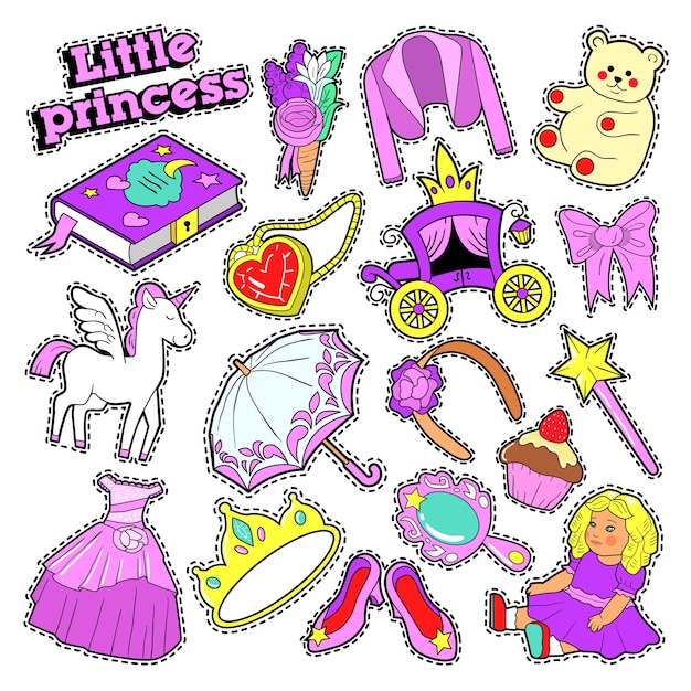 Значки принцесс маленькой девочки, нашивки, наклейки с игрушками, единорогами и одеждой. каракули