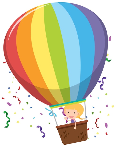 Vector little girl in rainbow hot air balloon