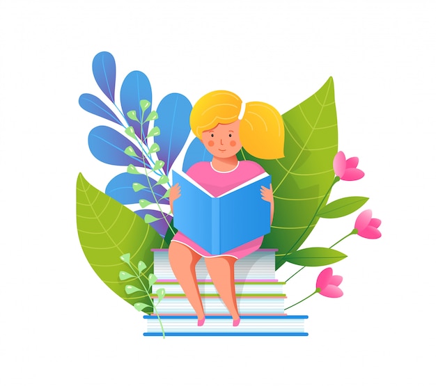 Little girl reading book flat illustration