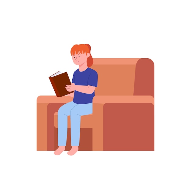 Little girl reading book in sofa illustration