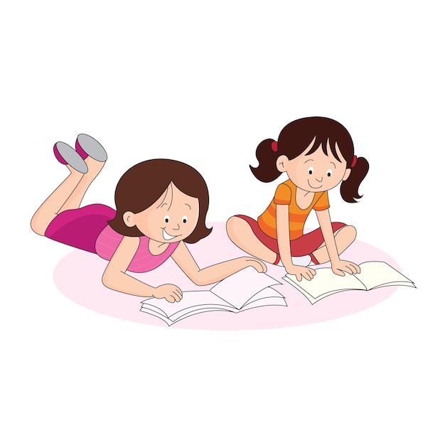 Little girl reading book with a friend together