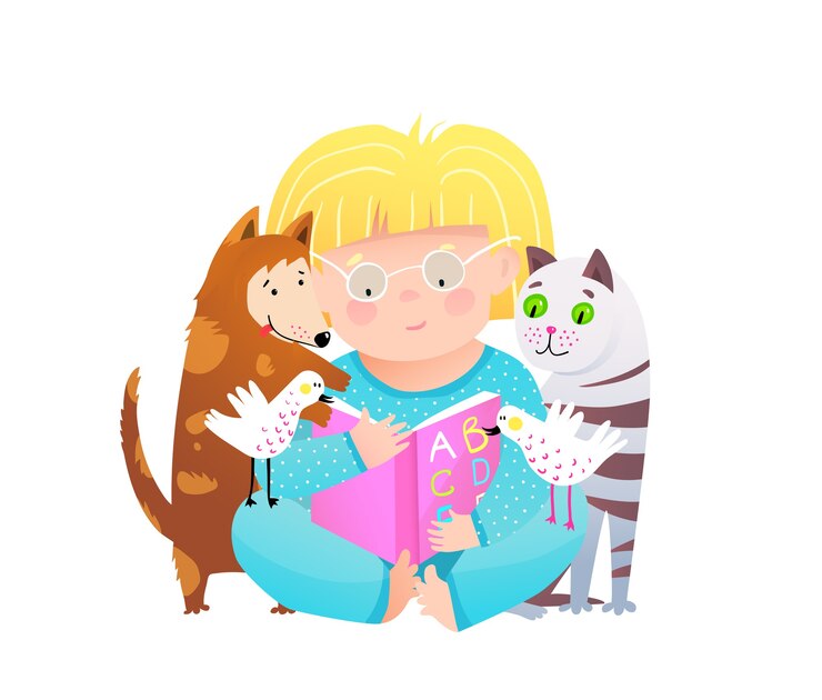 Vector little girl reading to cat and dog pets
