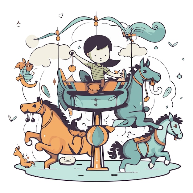 Little girl rides a horse on a swing in cartoon style