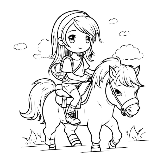 Vector little girl riding a pony black and white vector illustration for coloring book