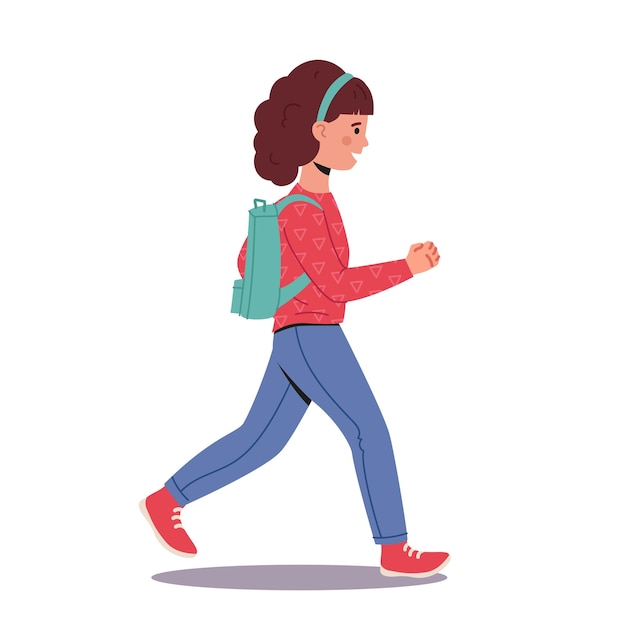 Vector little girl run to school pupil character in uniform and schoolbag