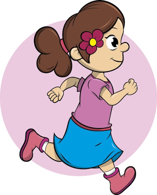 Маленькая девочка бежит в профиль в розовом и синем платье, милый детский мультяшный стиль, вектор клипа
