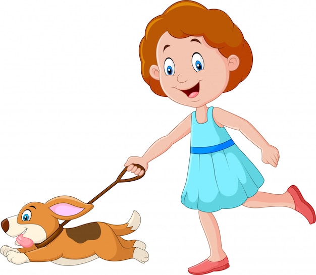 Vector little girl running with puppy