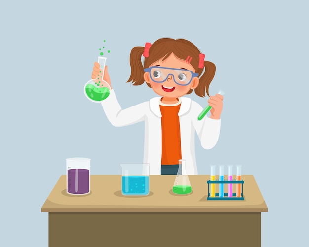 little girl scientist holding chemical liquid in flasks doing science project experiment in the lab